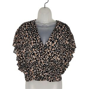 Express Top Women's XS Black Orange Ikat Chiffon Lined Surplice Flutter Sleeve